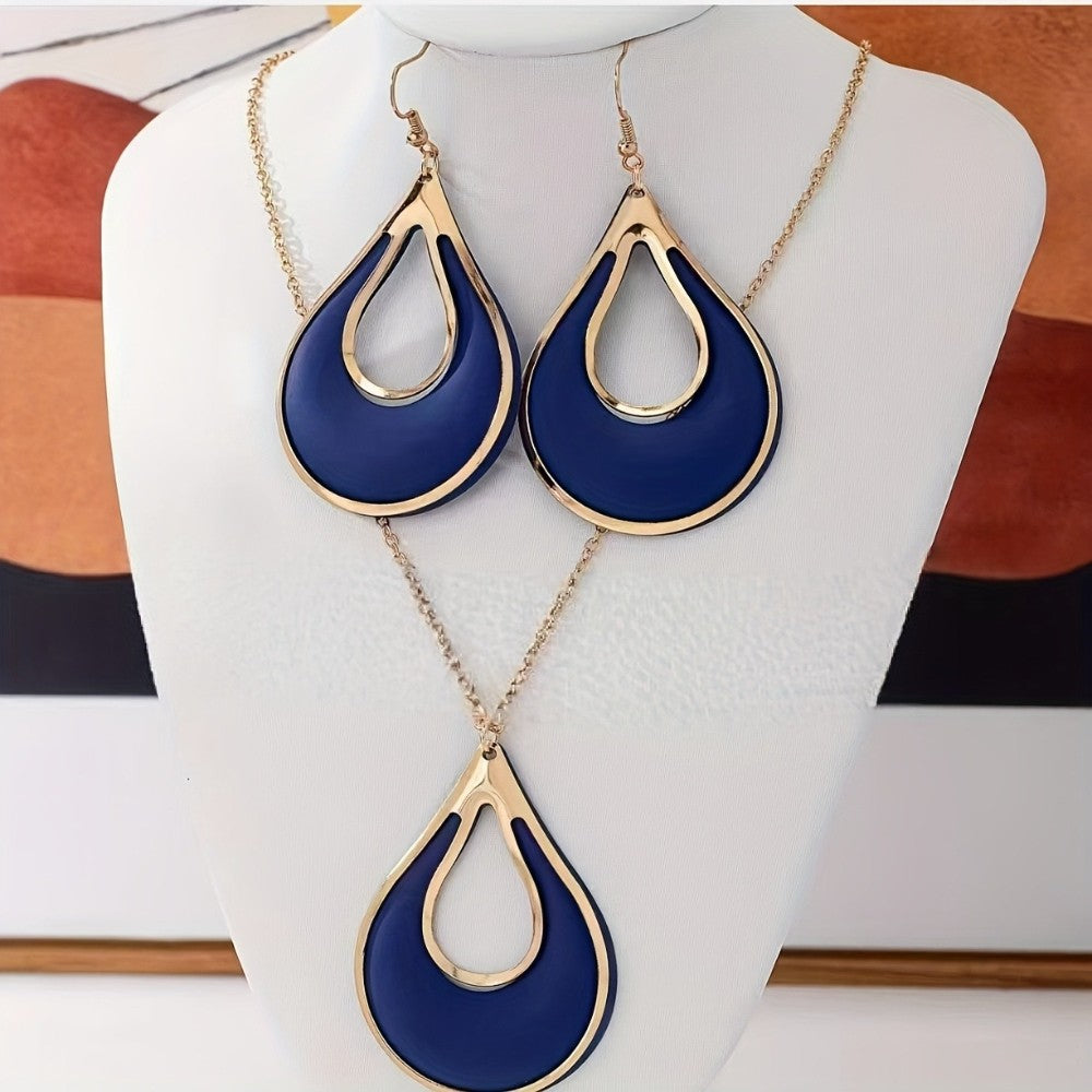 Navy Blue Hollow Teardrop Necklace & Earring Set