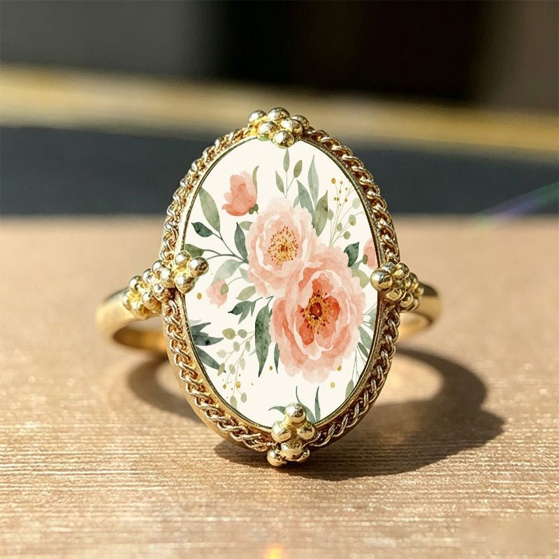 Pink Watercolor Floral Oval Ring