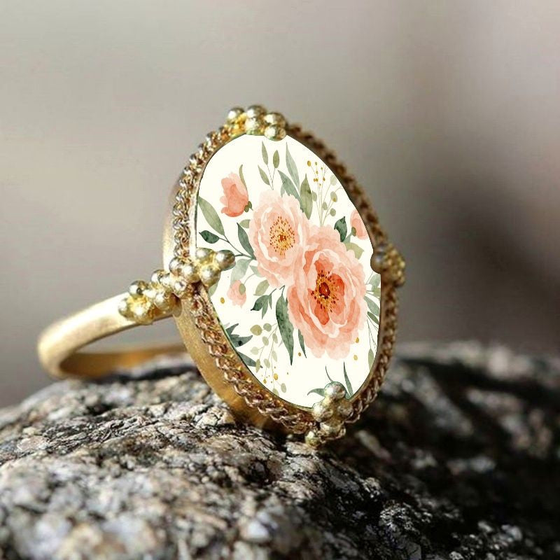 Pink Watercolor Floral Oval Ring