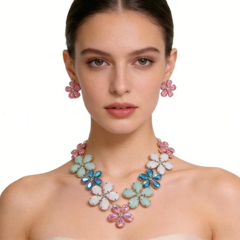 Pastel Crystal Flower Necklace & Earring Set