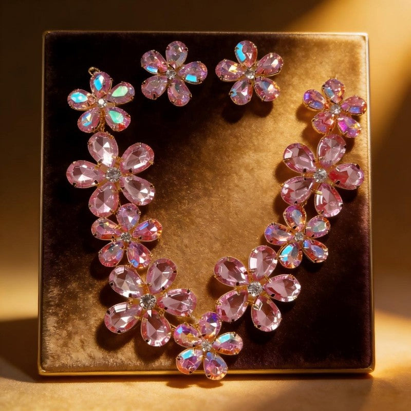 Pastel Crystal Flower Necklace & Earring Set