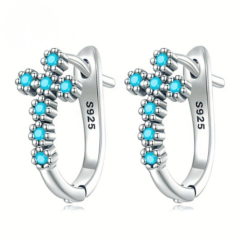 Blue Zircon Cross Hoop Earrings