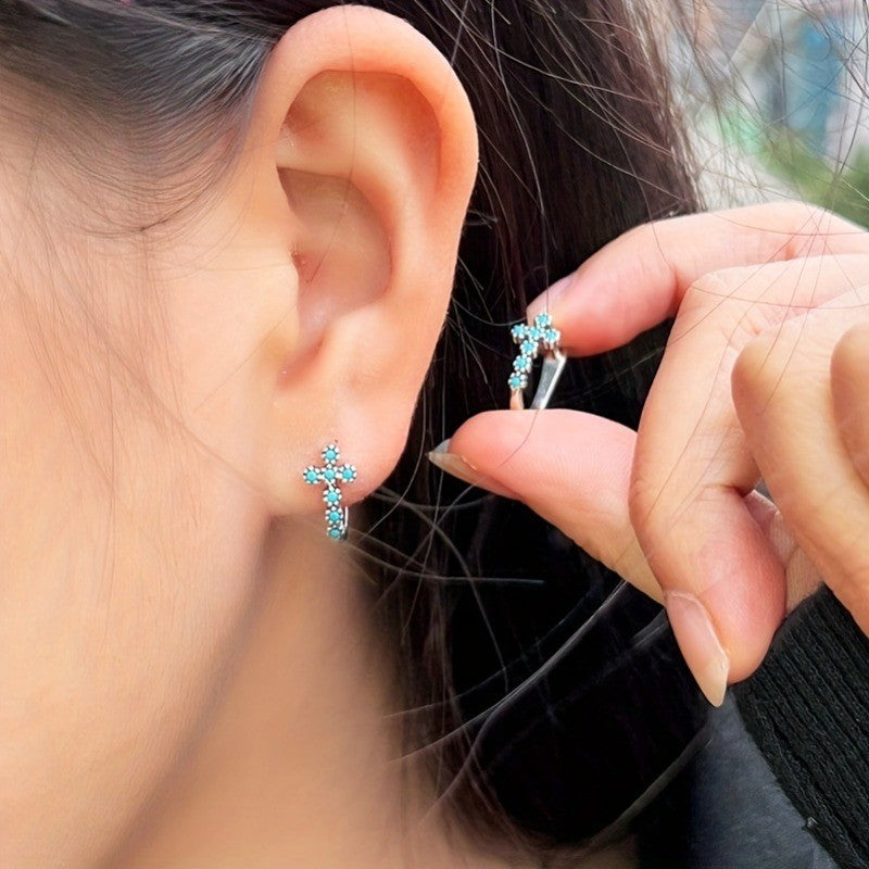 Blue Zircon Cross Hoop Earrings