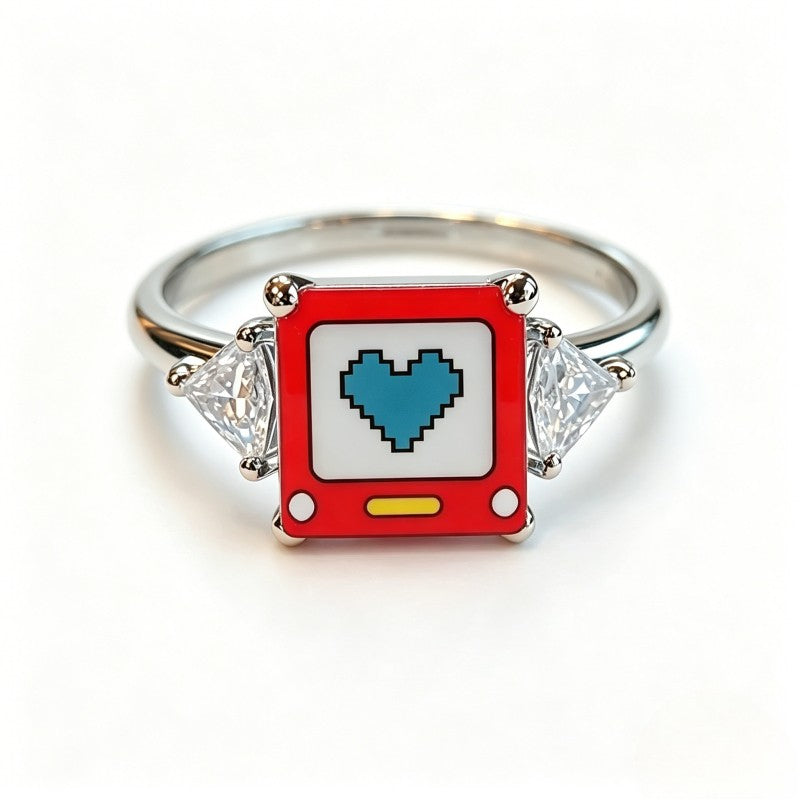 Blue Pixel Heart Square Ring