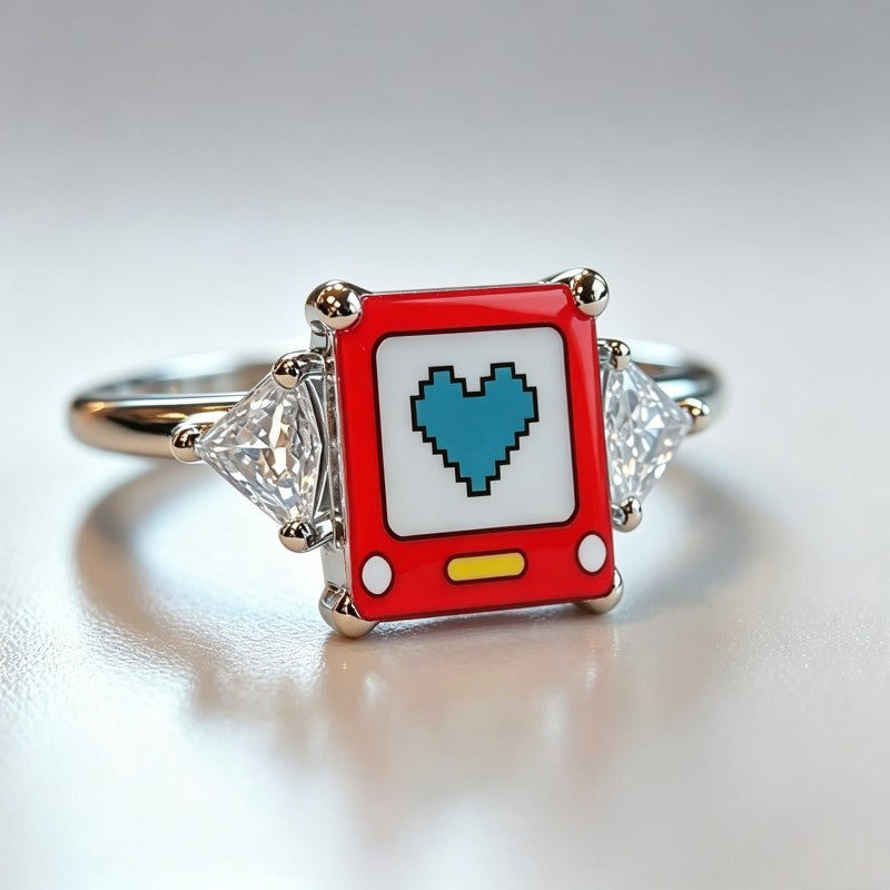 Blue Pixel Heart Square Ring
