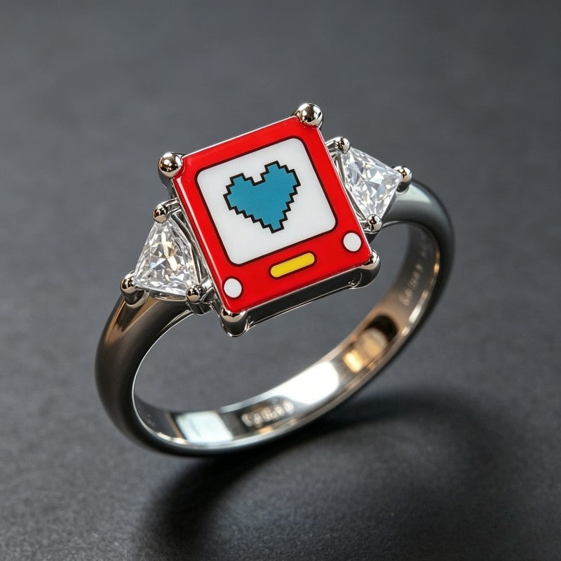Blue Pixel Heart Square Ring