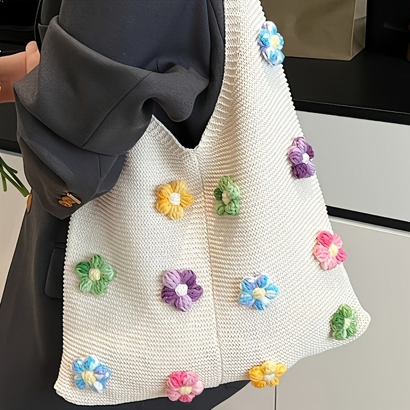 Blue Flower Knit Tote Bag