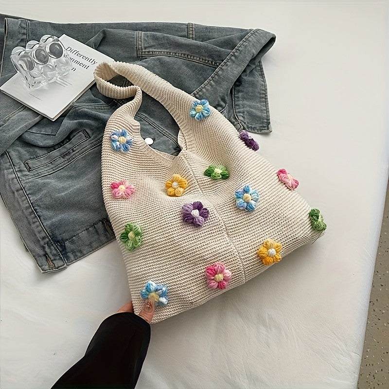 Blue Flower Knit Tote Bag