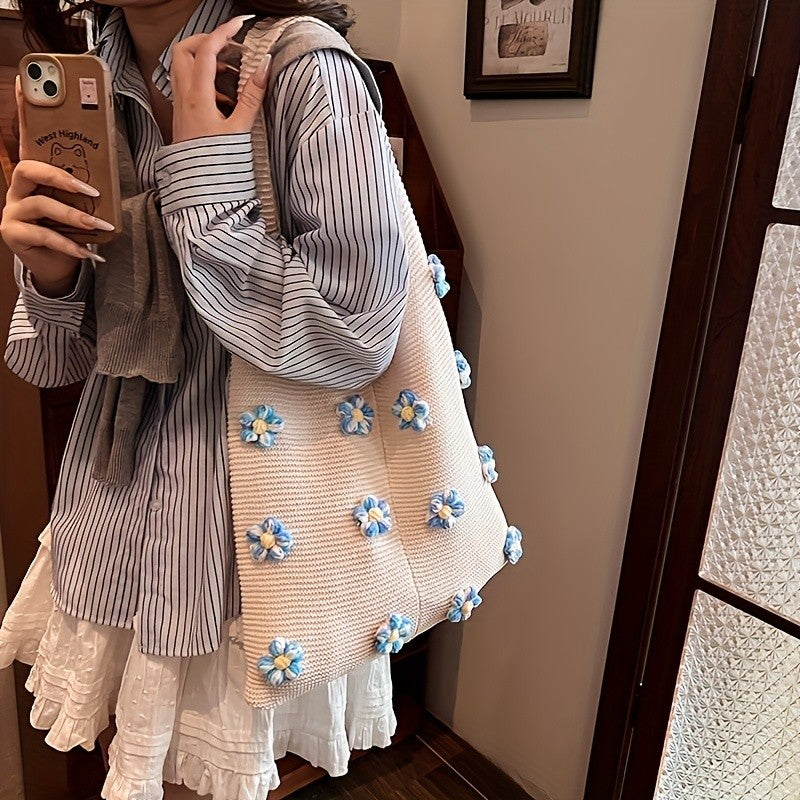 Blue Flower Knit Tote Bag