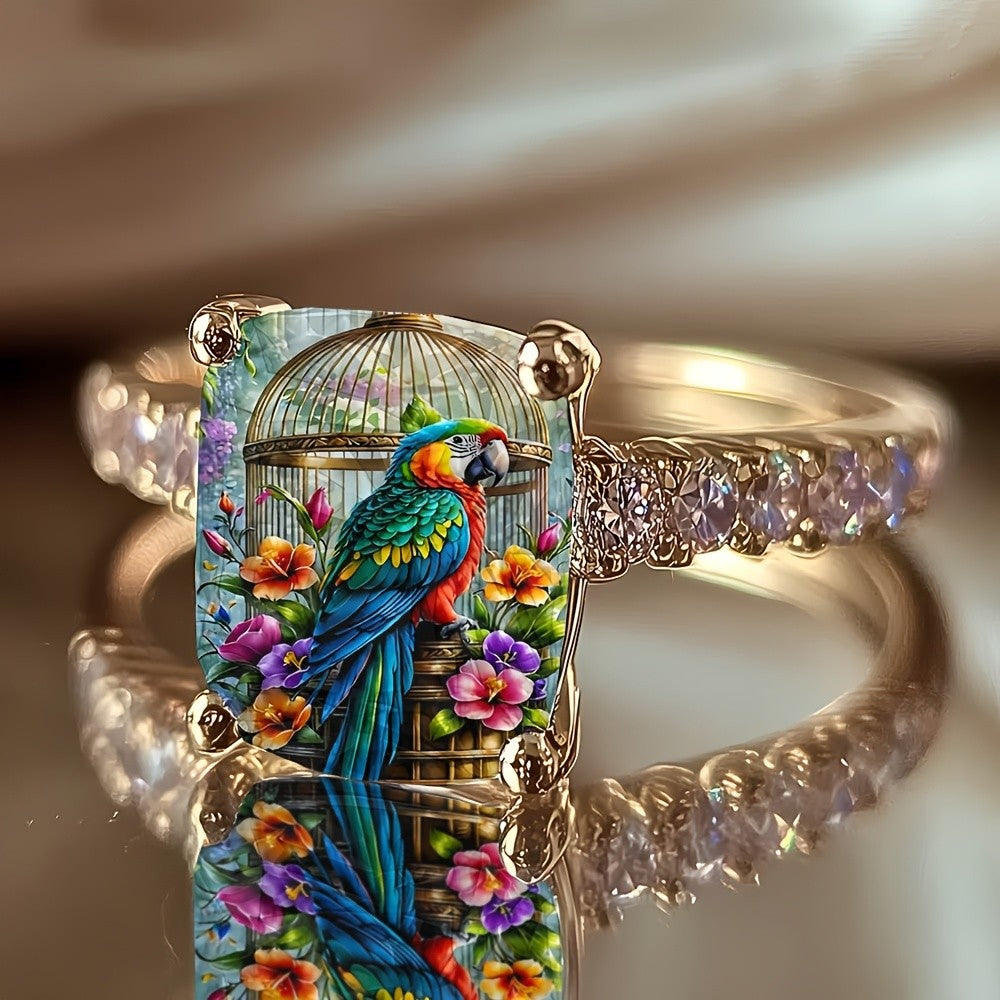 Parrot & Floral Square Ring