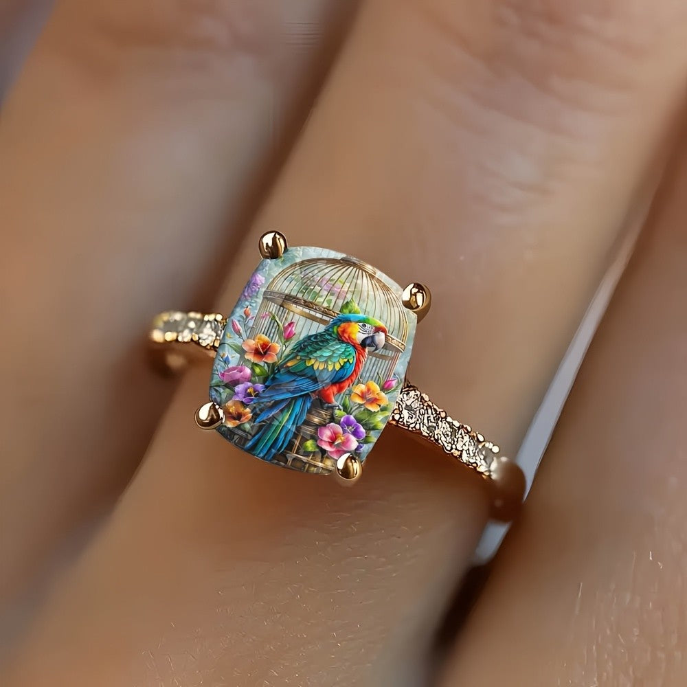 Parrot & Floral Square Ring