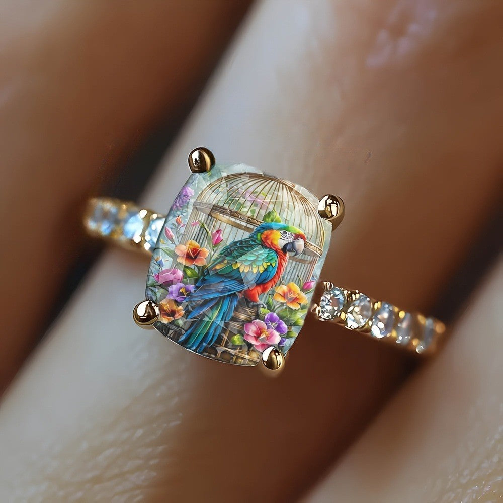 Parrot & Floral Square Ring