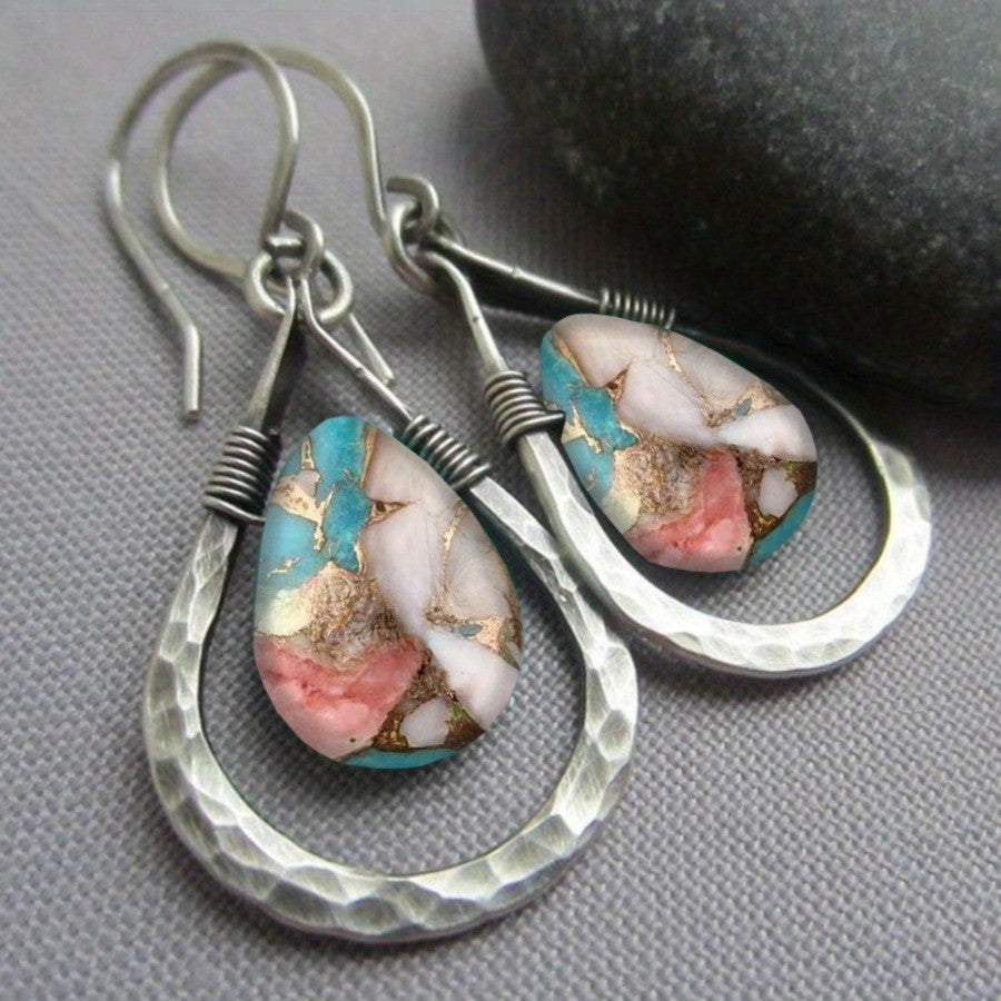 Multicolor Stone Hammered Hoop Earrings