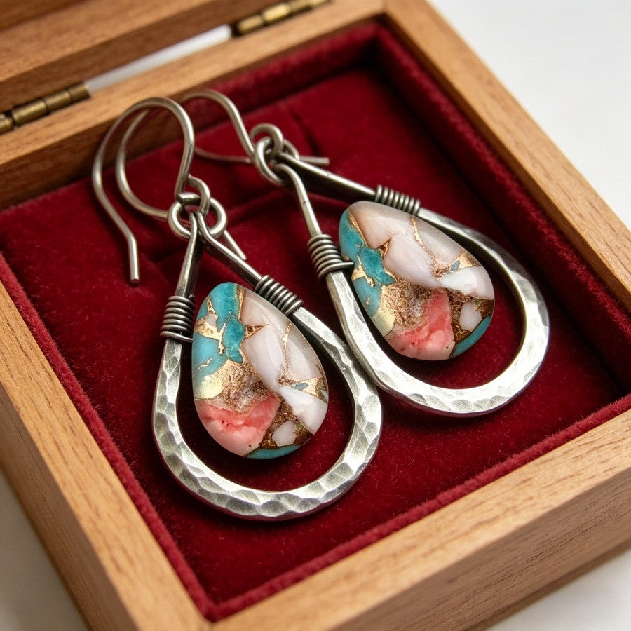 Multicolor Stone Hammered Hoop Earrings