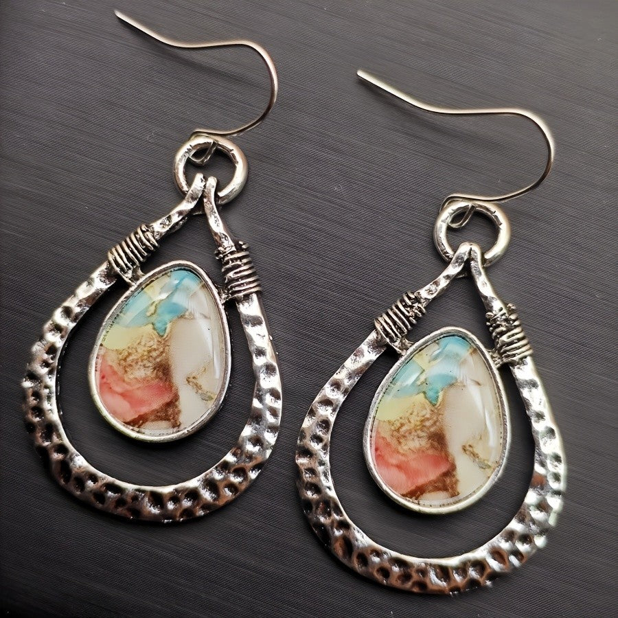 Multicolor Stone Hammered Hoop Earrings