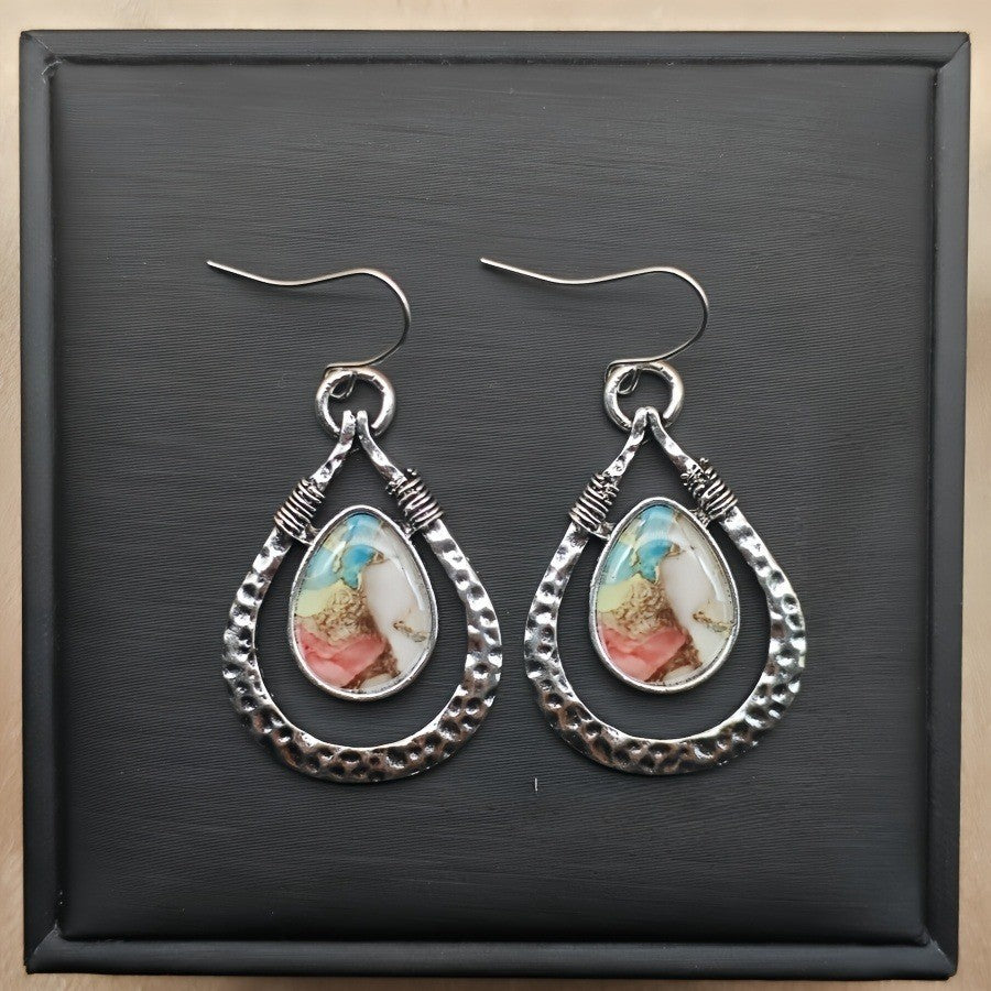 Multicolor Stone Hammered Hoop Earrings
