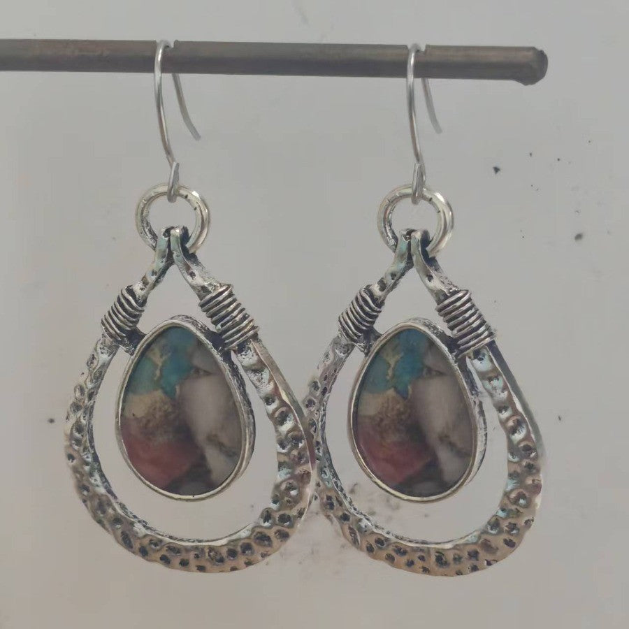 Multicolor Stone Hammered Hoop Earrings