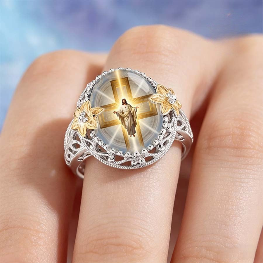 Jesus & Floral Cross Statement Ring