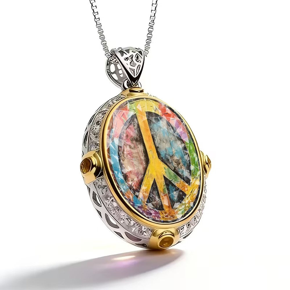 Rainbow Peace Sign Oval Pendant Necklace