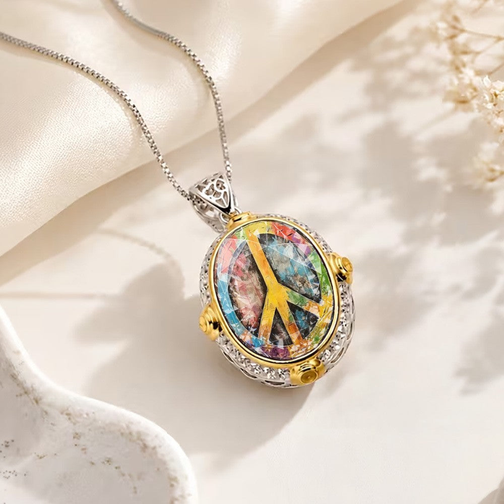 Rainbow Peace Sign Oval Pendant Necklace