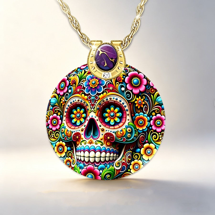 Vibrant Floral Skull Pendant Necklace