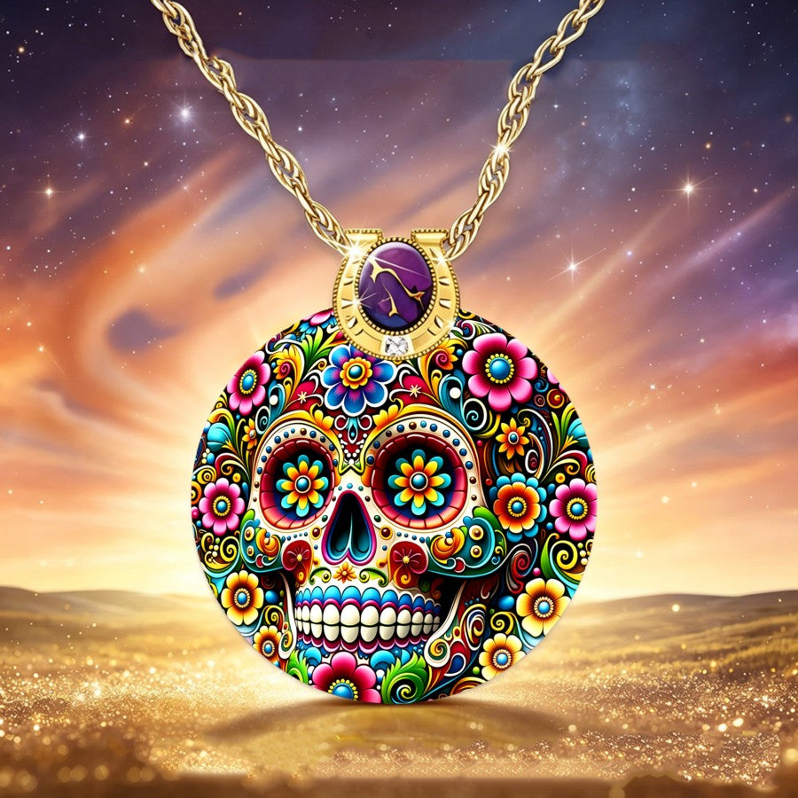 Vibrant Floral Skull Pendant Necklace