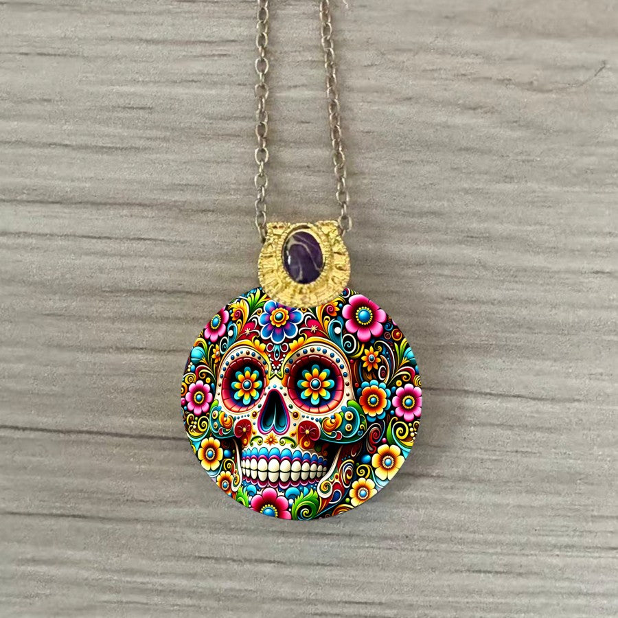 Vibrant Floral Skull Pendant Necklace