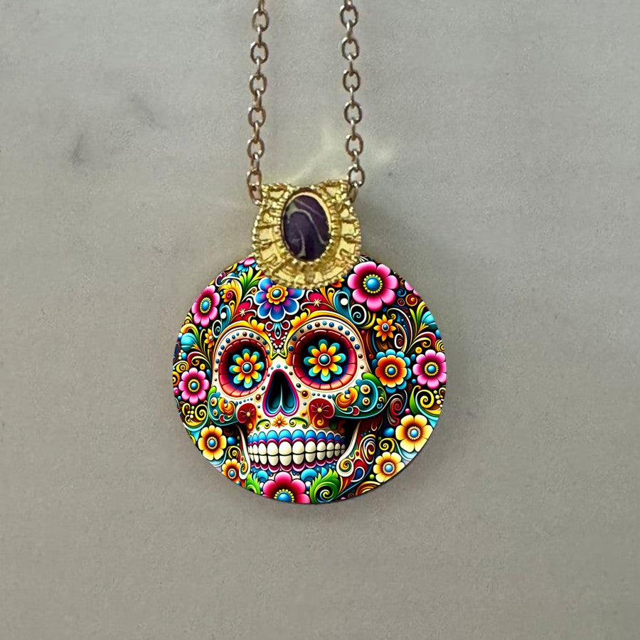 Vibrant Floral Skull Pendant Necklace