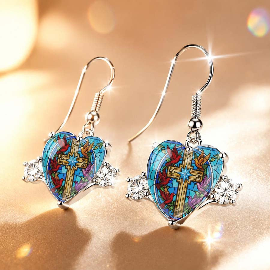 Stained Glass Heart Cross Earrings