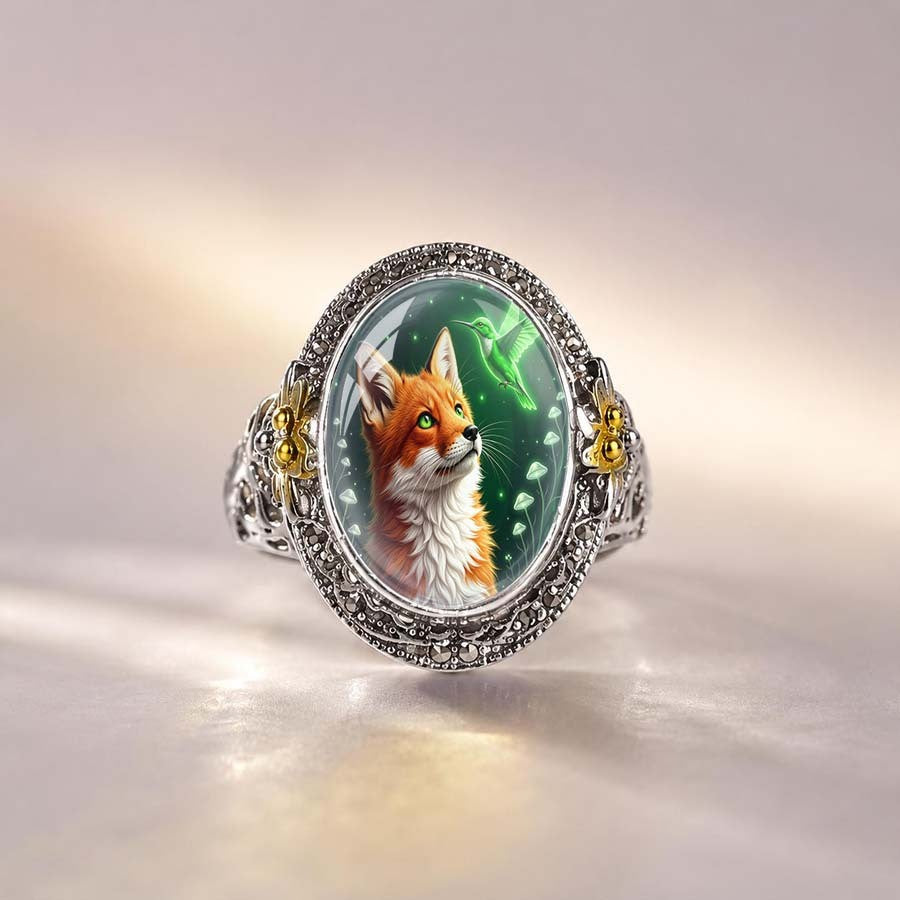 Fox & Hummingbird Glass Dome Ring