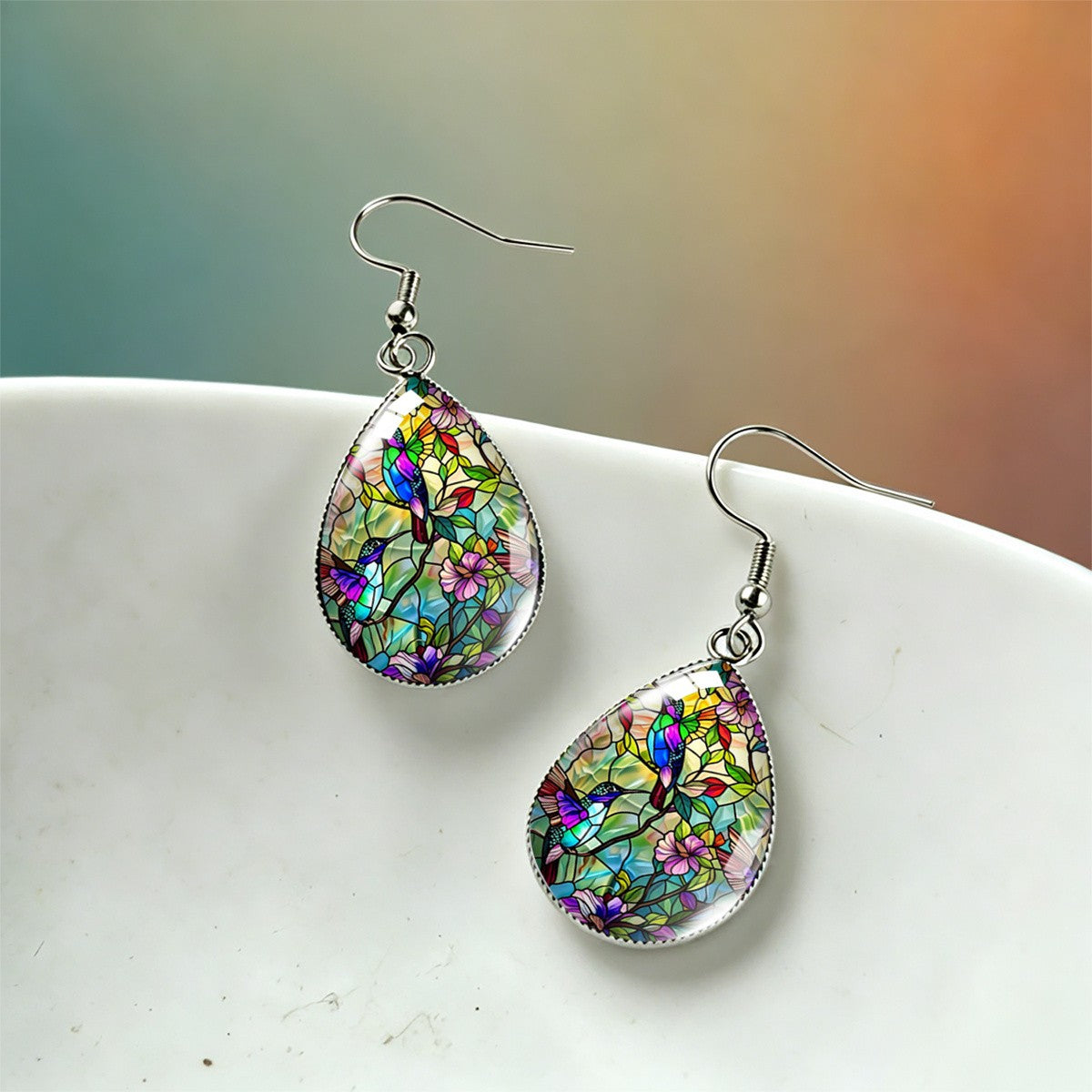 Stained Glass Hummingbird Teardrop Earrings