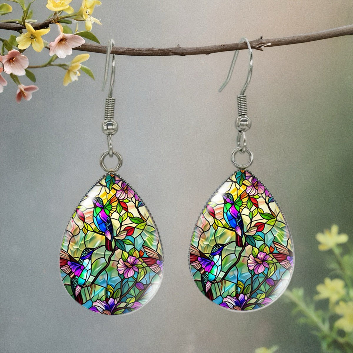 Stained Glass Hummingbird Teardrop Earrings