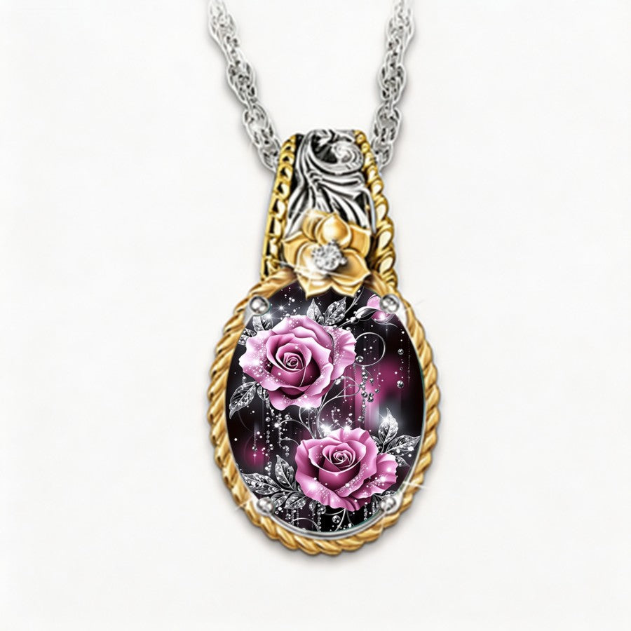 Pink Rose Glass Cabochon Necklace