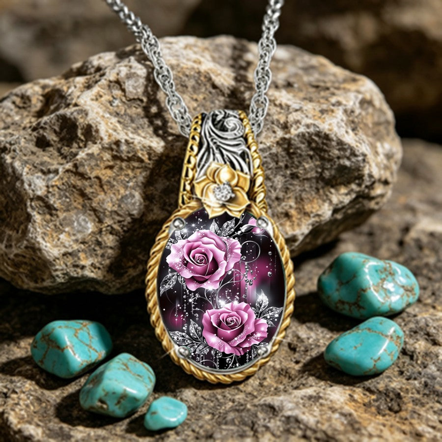 Pink Rose Glass Cabochon Necklace