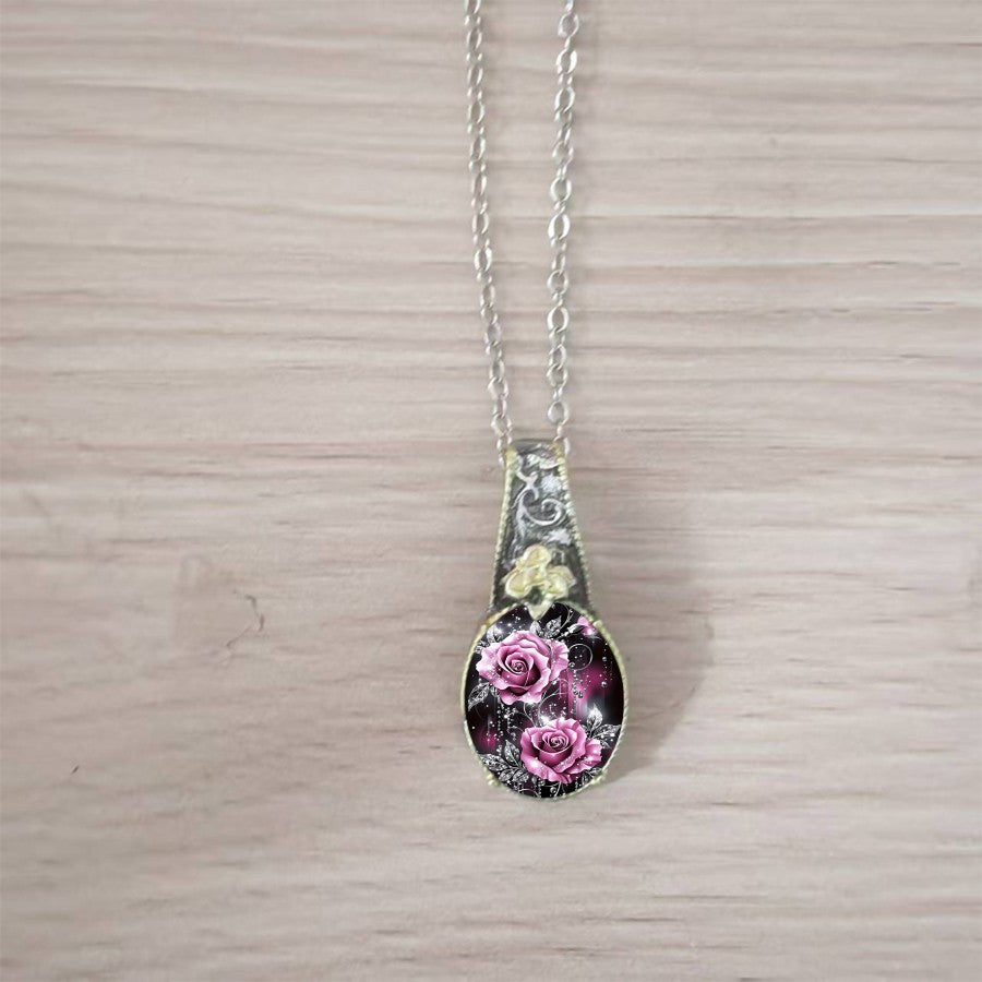 Pink Rose Glass Cabochon Necklace