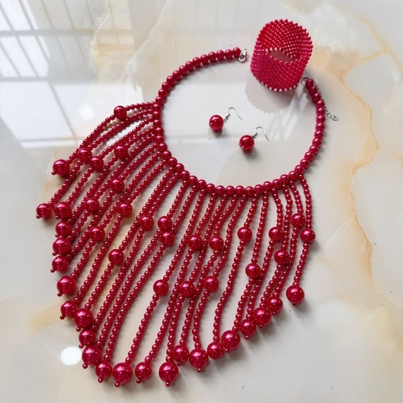 Red Beaded Fringe Necklace & Earring Set