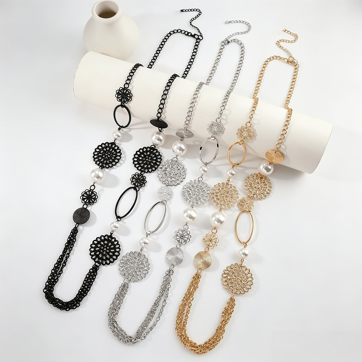 Faux Pearl & Filigree Medallion Long Necklace