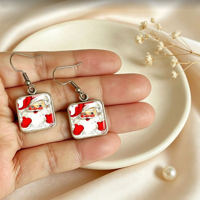 Santa Claus Glass Square Drop Earrings