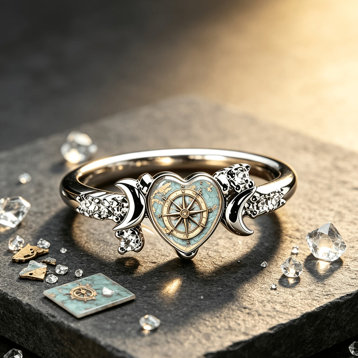 Compass Map Heart Ring