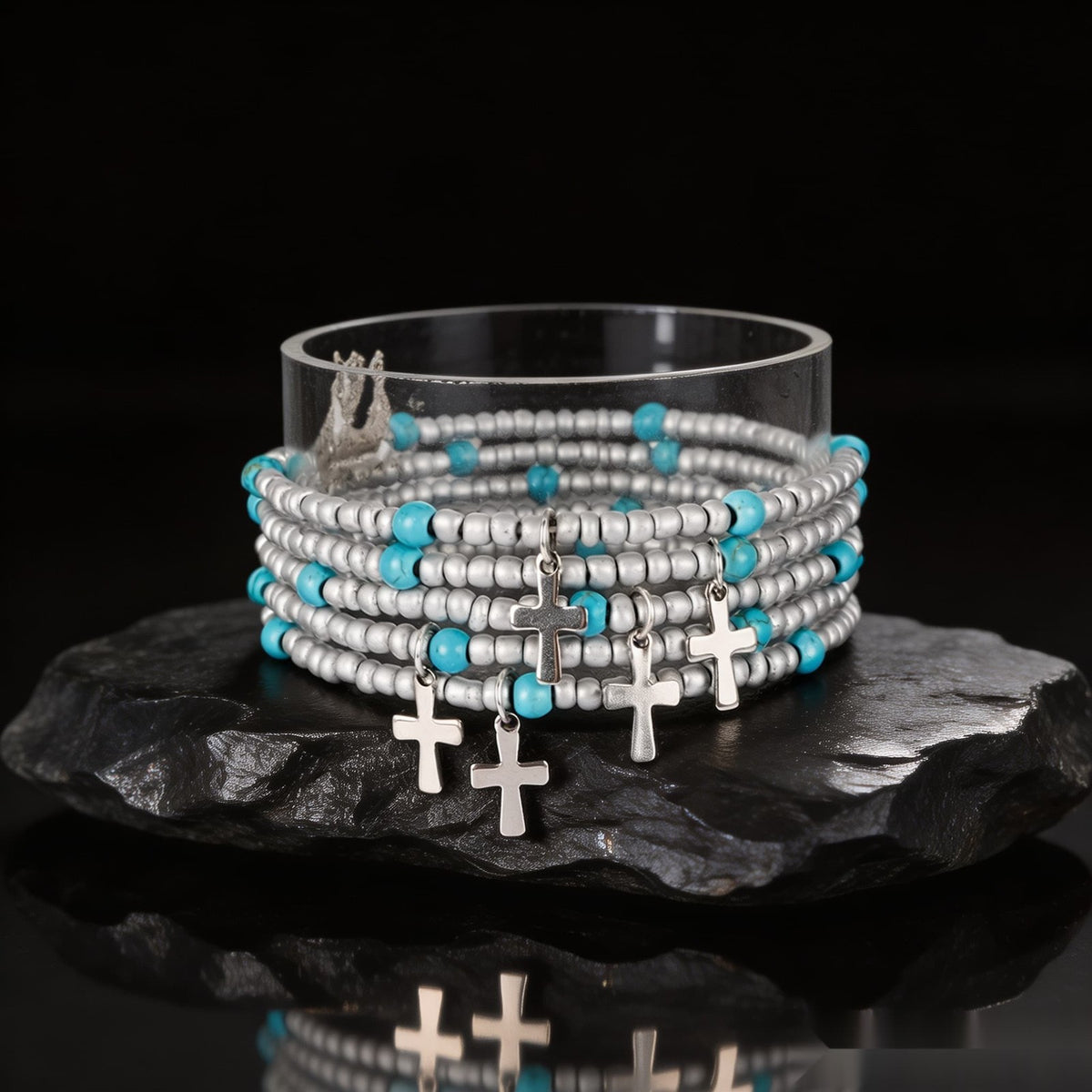 Turquoise Bead & Cross Charm Bracelet Set