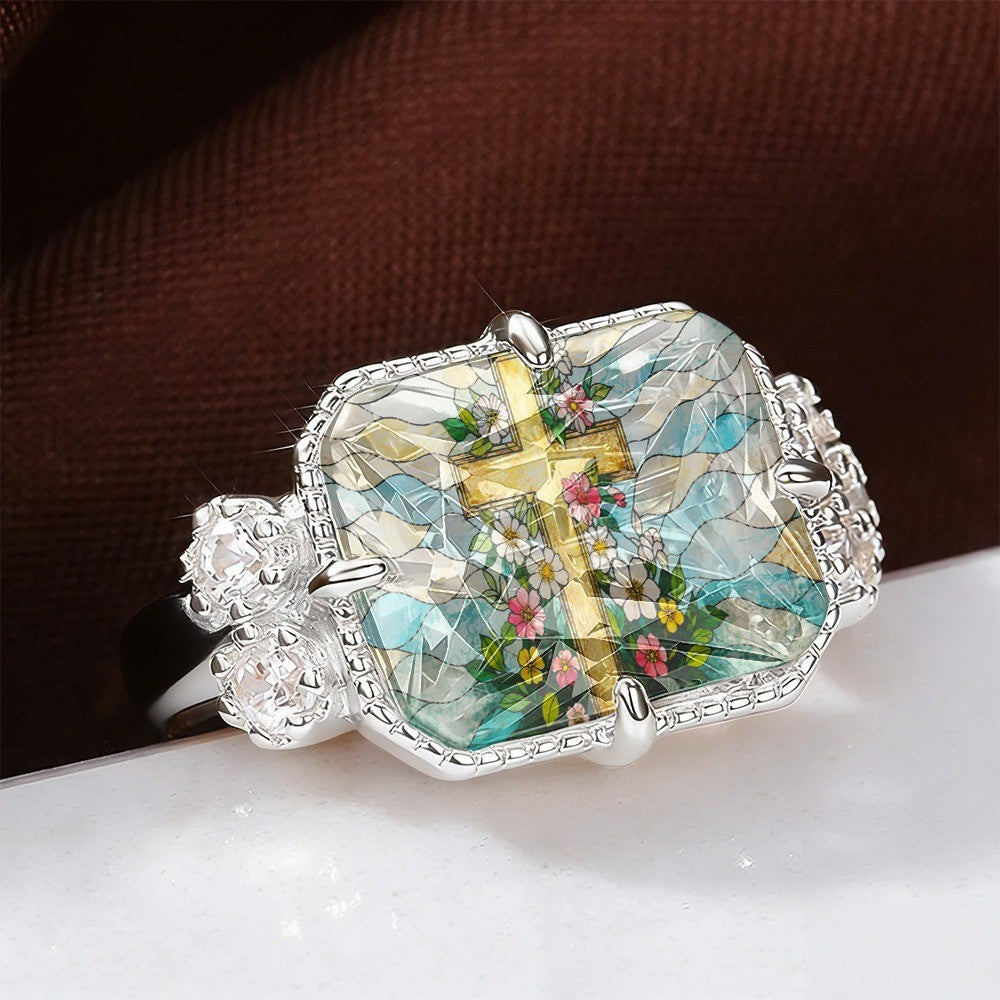 Stained Glass Floral Cross Ring