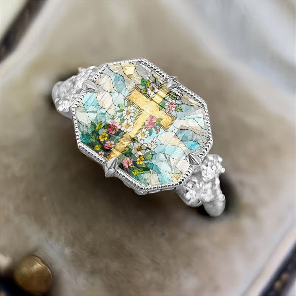 Stained Glass Floral Cross Ring