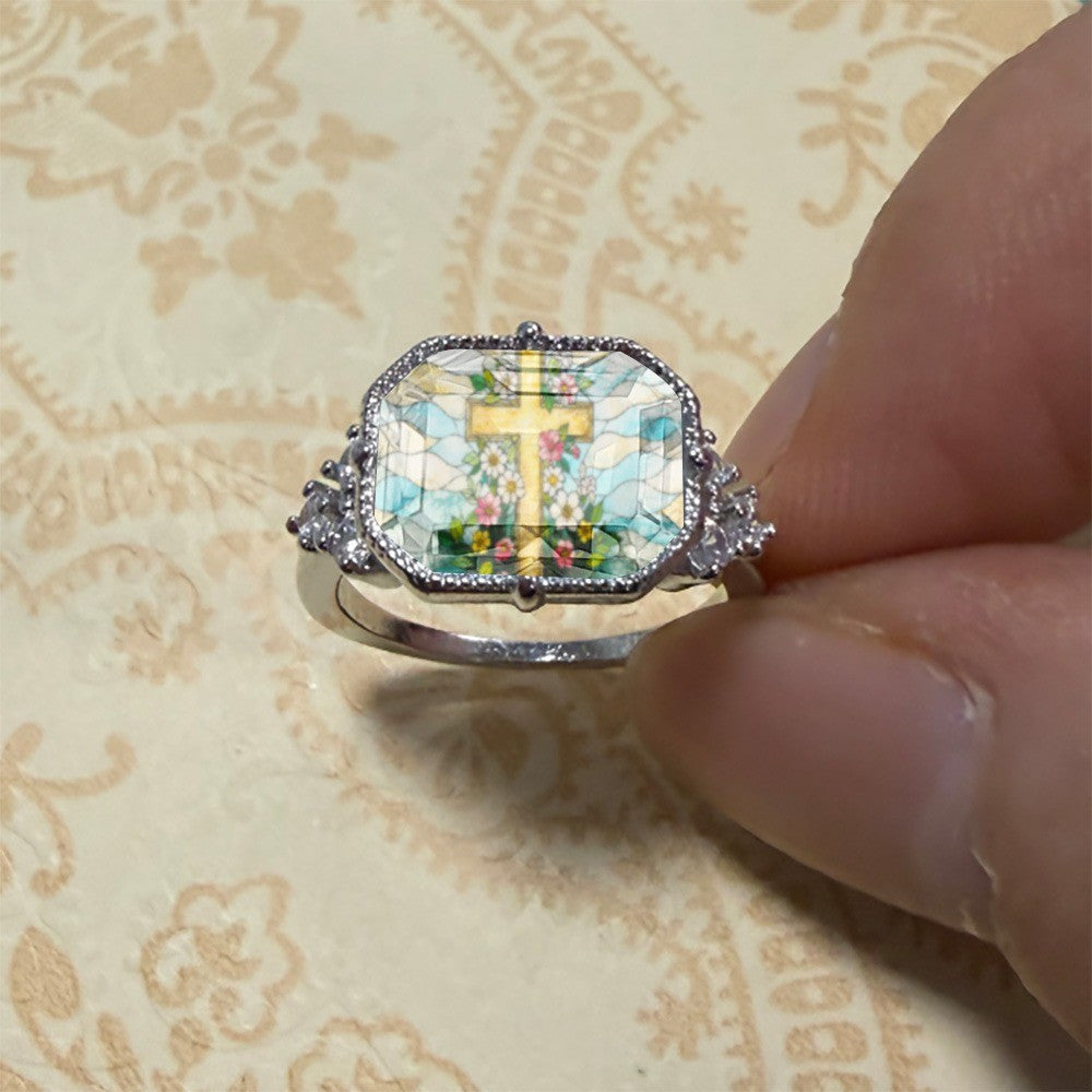 Stained Glass Floral Cross Ring