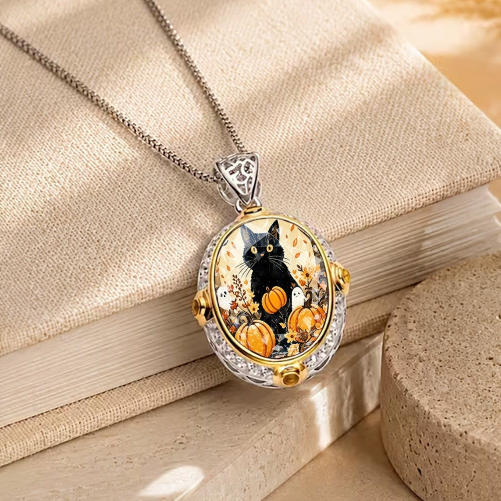 Black Cat & Pumpkin Oval Necklace