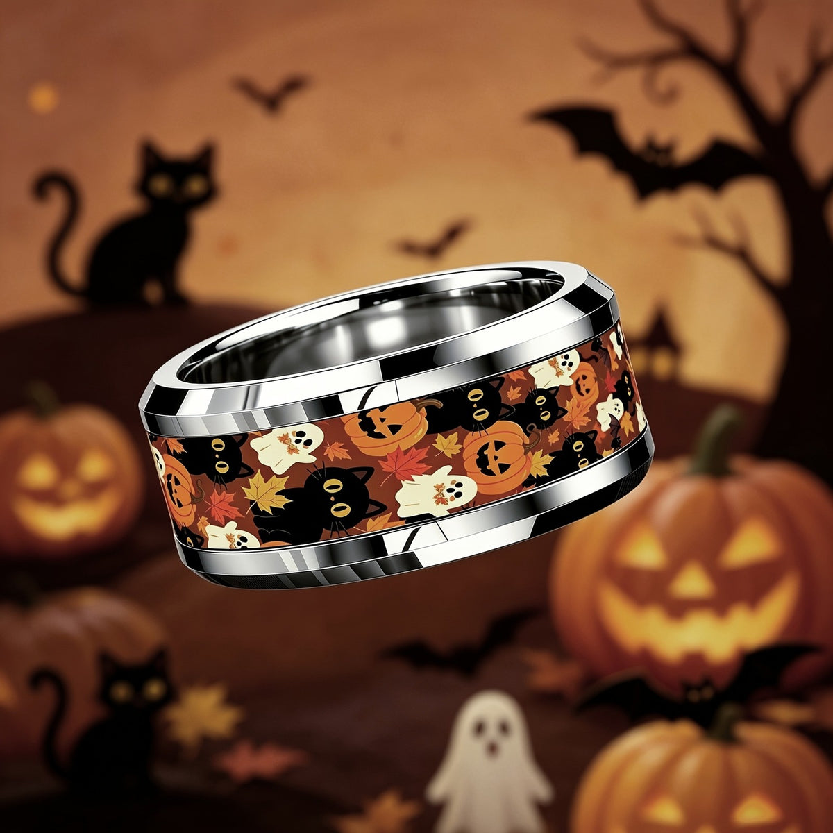 Halloween Cat & Ghost Inlay Ring