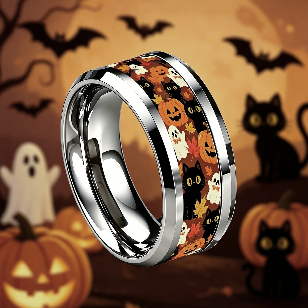 Halloween Cat & Ghost Inlay Ring