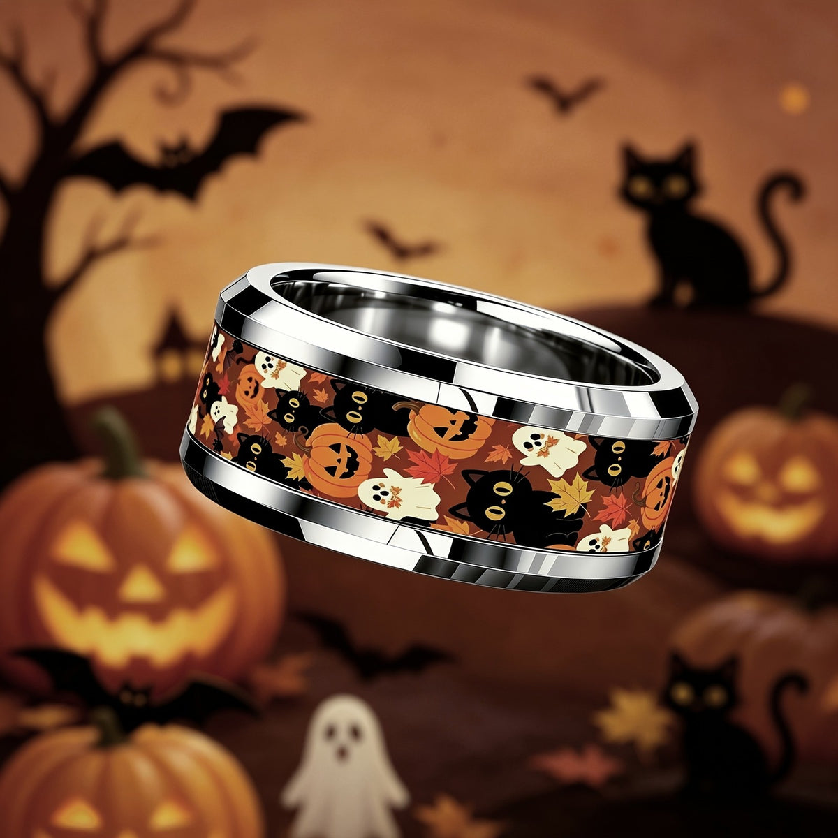 Halloween Cat & Ghost Inlay Ring