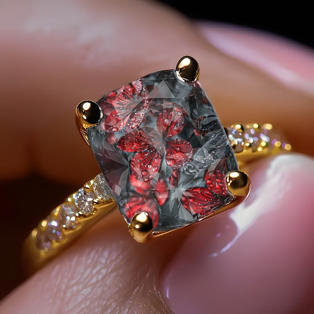 Red Floral Square Ring