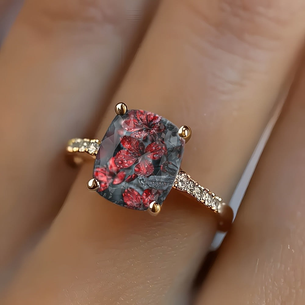 Red Floral Square Ring