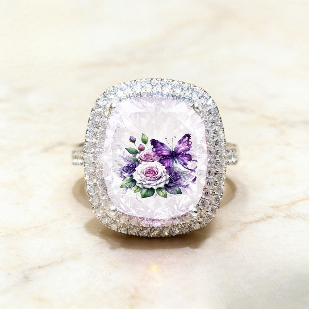 Purple Butterfly & Rose Square Ring